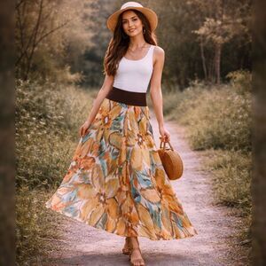 Sunny Leigh Silk Floral Maxi Skirt Size M Boho Gypsy Stretchy Long Flowy